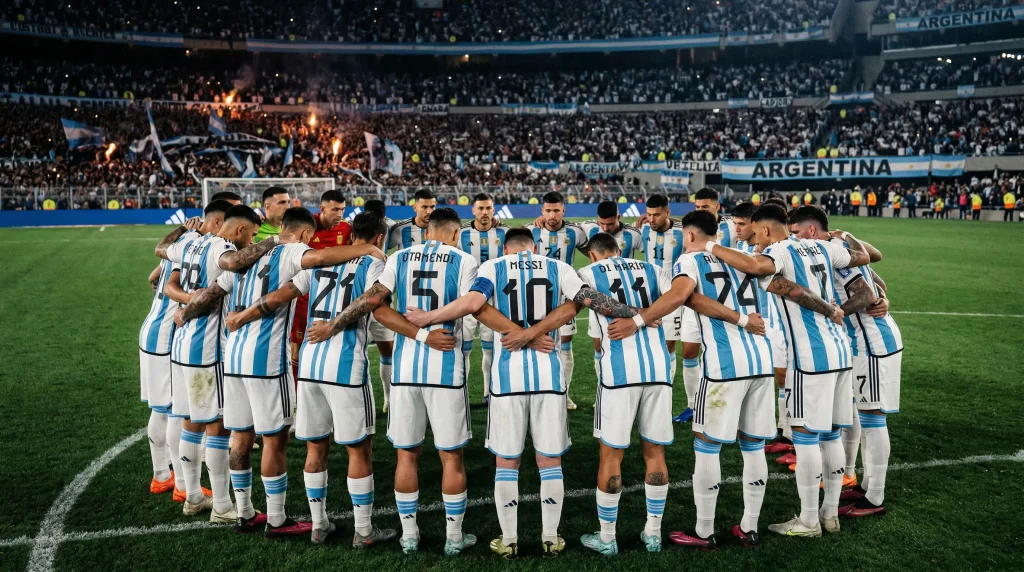 Argentina national team celebrating their World Cup triumph wearing blue and white striped jerseys