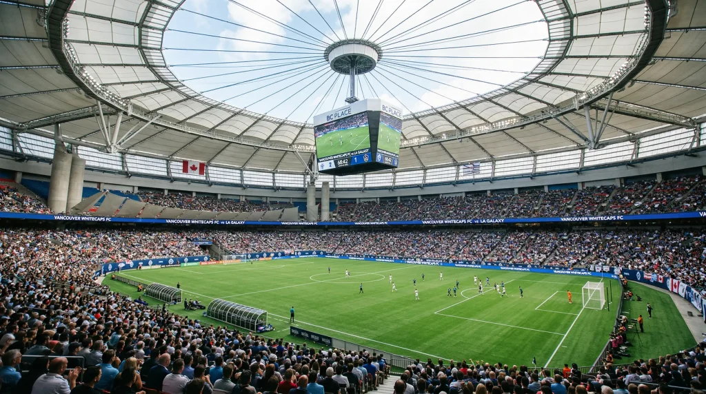BC Place stadium in Vancouver with retractable roof open for World Cup 2026 featuring Canada's home matches