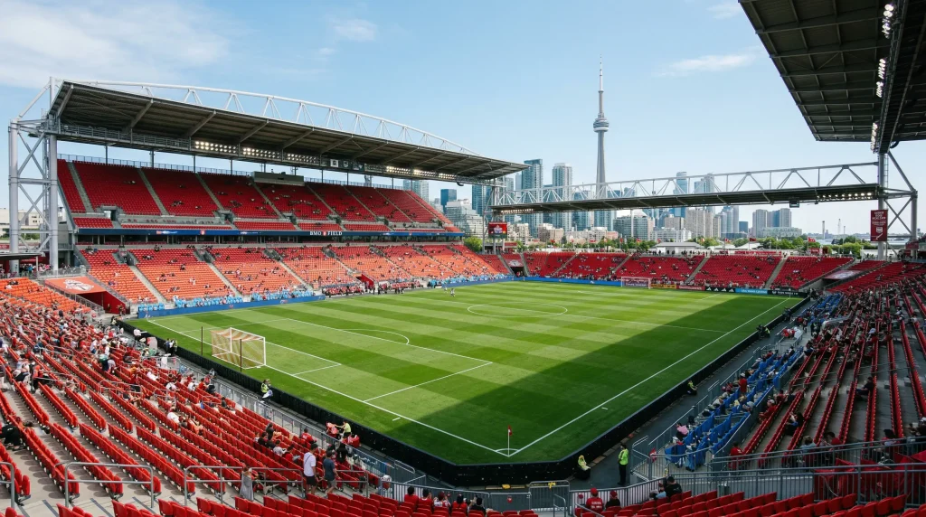 BMO Field stadium in Toronto's Liberty Village configured for World Cup 2026 matches with expanded seating capacity