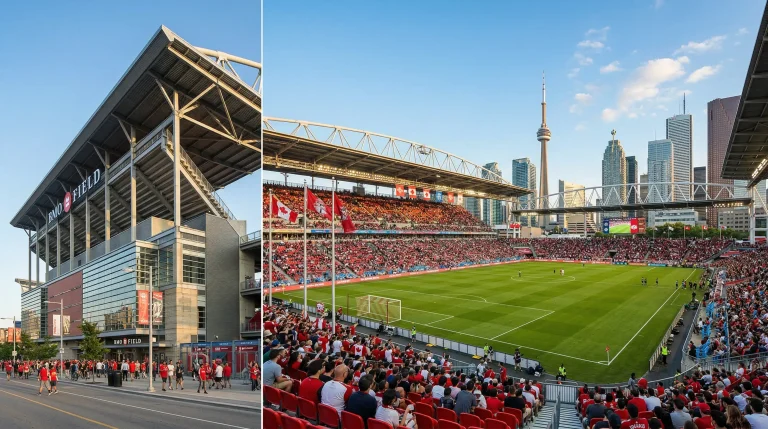 BMO Field in Toronto set up for international soccer with Canadian flags visible