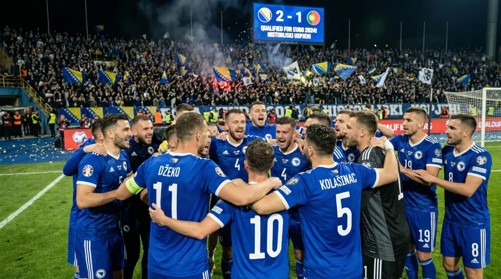 Bosnia and Herzegovina national team players in blue home jerseys celebrating World Cup 2026 qualification