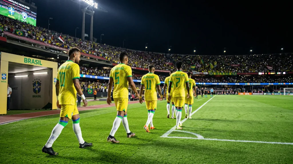 Brazil national football team in their iconic yellow jerseys preparing for World Cup 2026