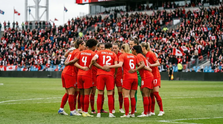Canadian national soccer team players in red jerseys preparing for World Cup 2026 match