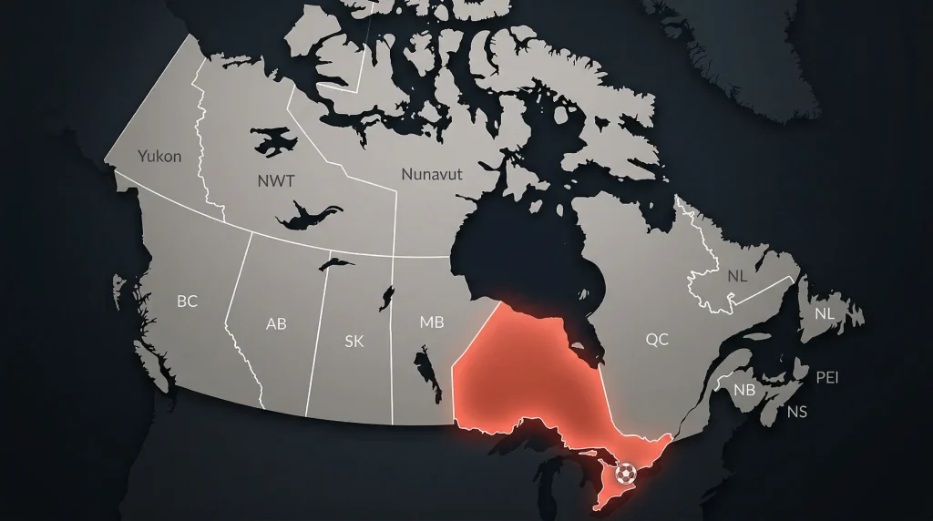 Map of Canadian provinces showing sports betting regulatory status and licensed operators for World Cup 2026