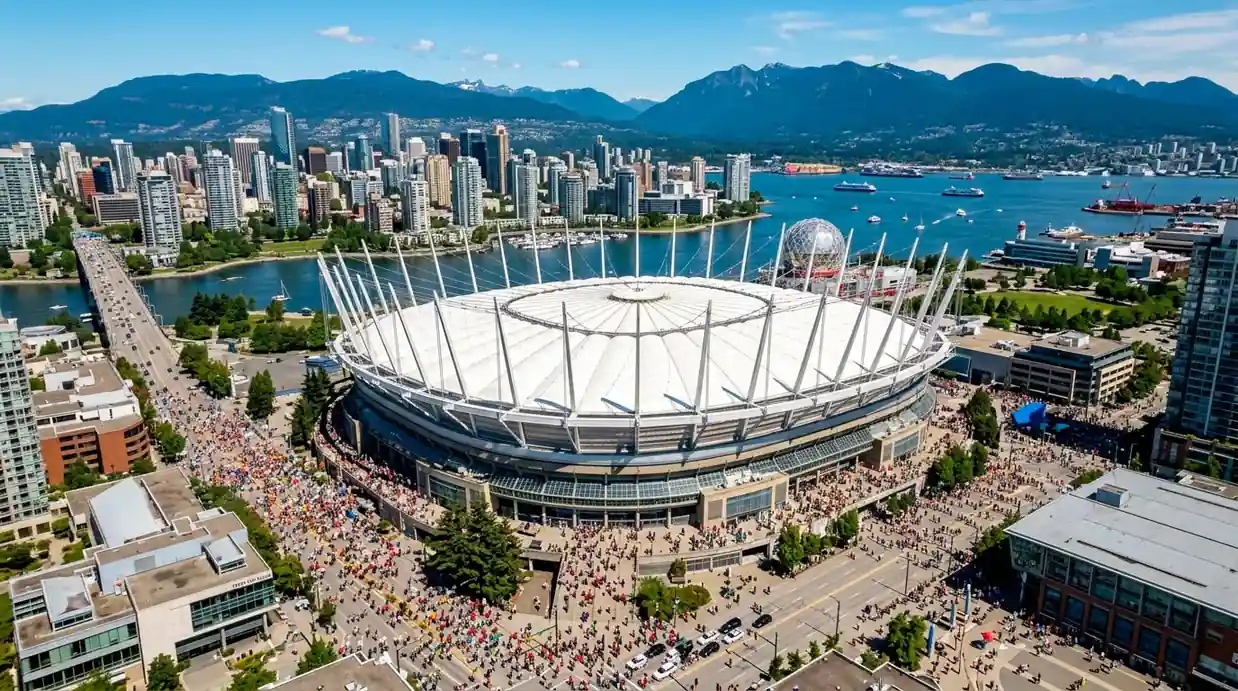 Aerial of BC Place under retractable roof on a Group B matchday
