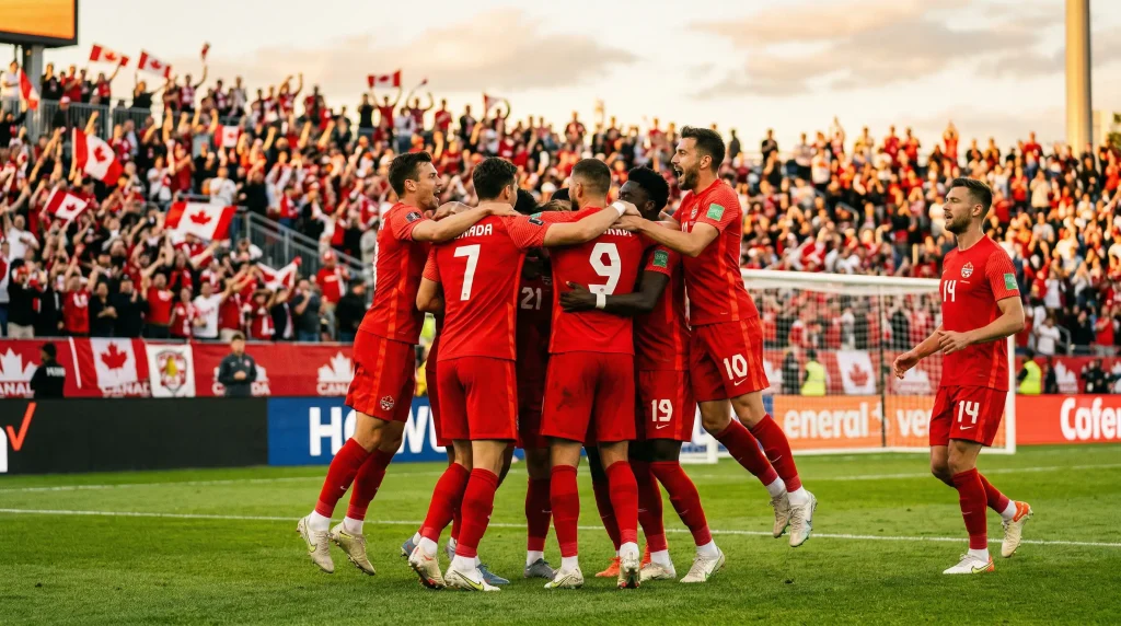 Canadian national team players celebrating at BMO Field in Toronto during a World Cup 2026 home match