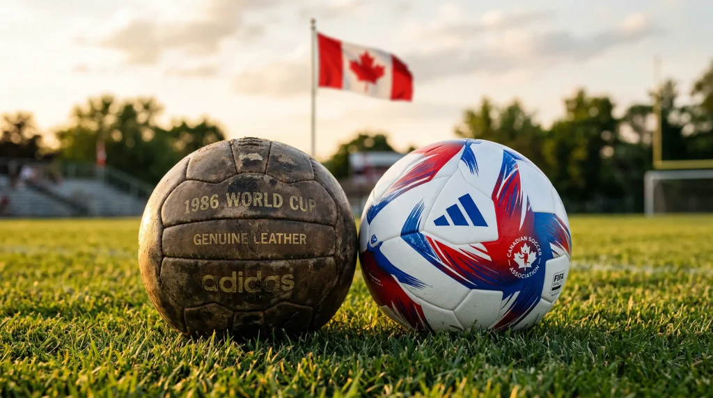 Timeline visualization showing Canada's World Cup appearances in 1986, 2022, and hosting in 2026 with maple leaf motif