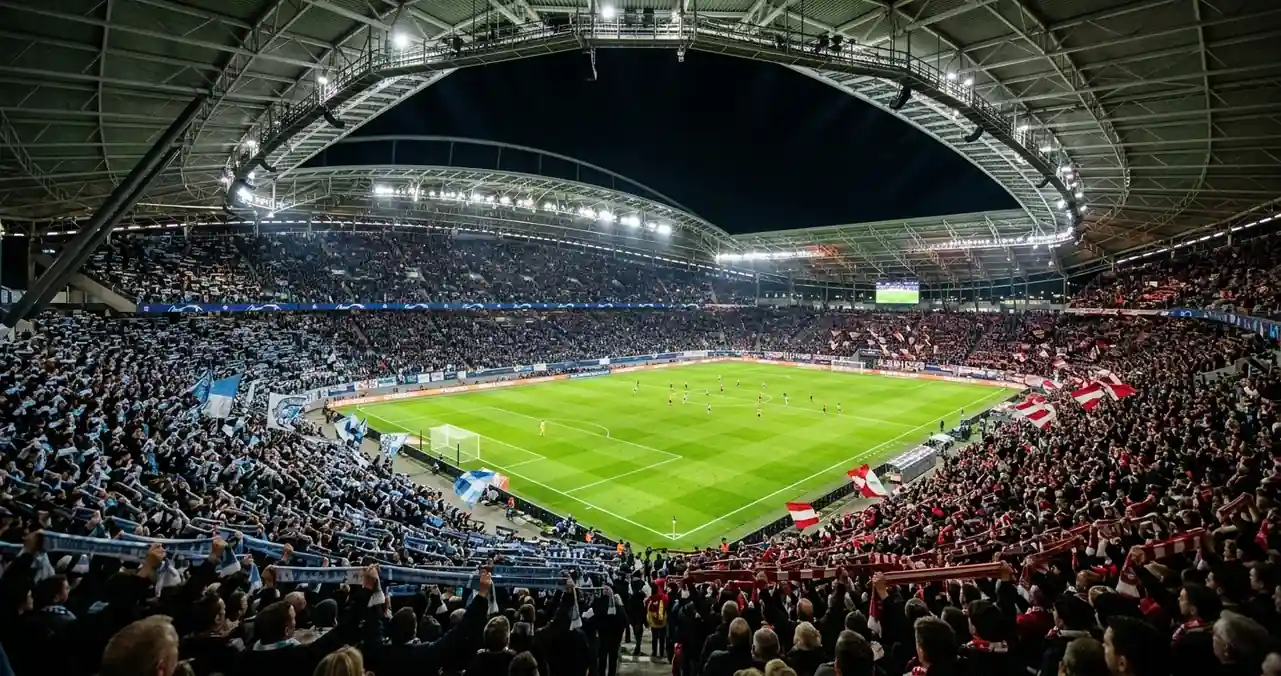 A packed stadium at night with a soccer pitch lit up, fans holding light blue and white and red and white scarves