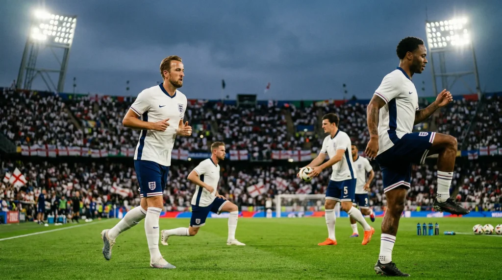 England national team players wearing white home kit preparing for World Cup 2026 group stage match