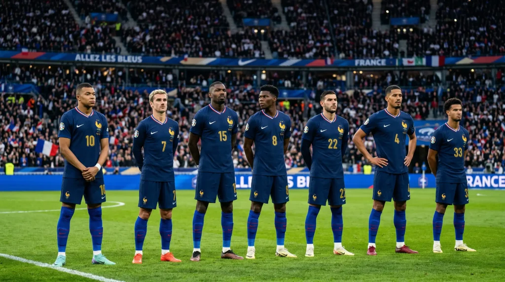 French national team players in their blue home jerseys lined up before a World Cup 2026 match