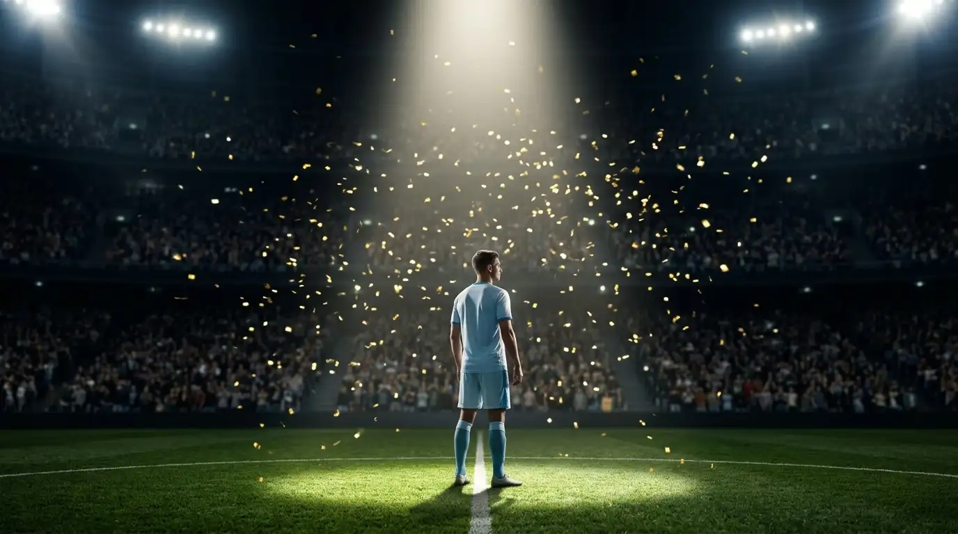 A packed, floodlit stadium before a World Cup final, a single player figure in light-blue and white at the centre