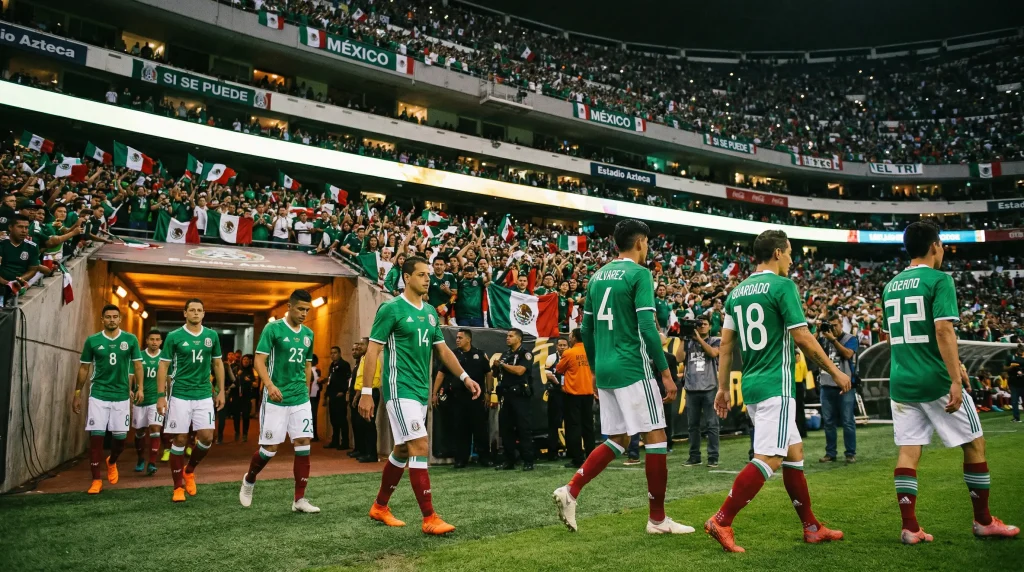 Mexico national team players in green home jerseys lined up before World Cup 2026 opening match
