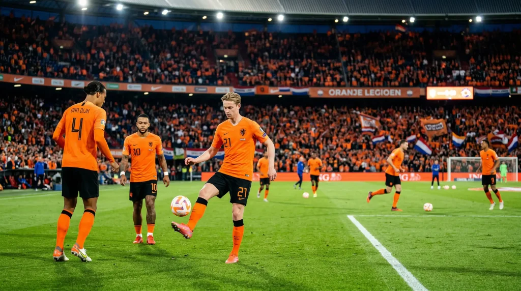 Netherlands national team players in orange home jerseys during World Cup 2026 preparation