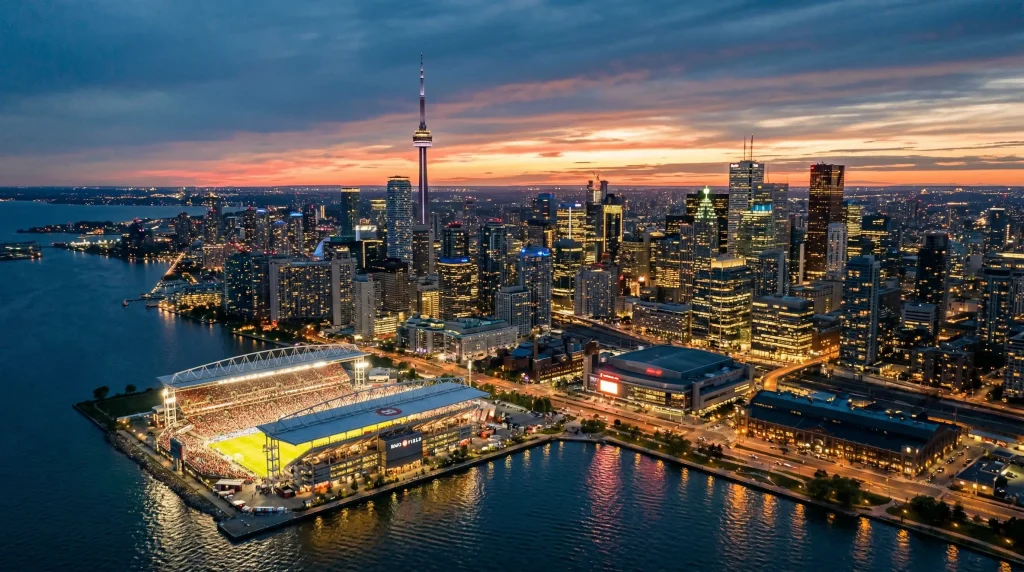 Map of Ontario highlighting Toronto and major cities with World Cup 2026 sports betting overlay graphics
