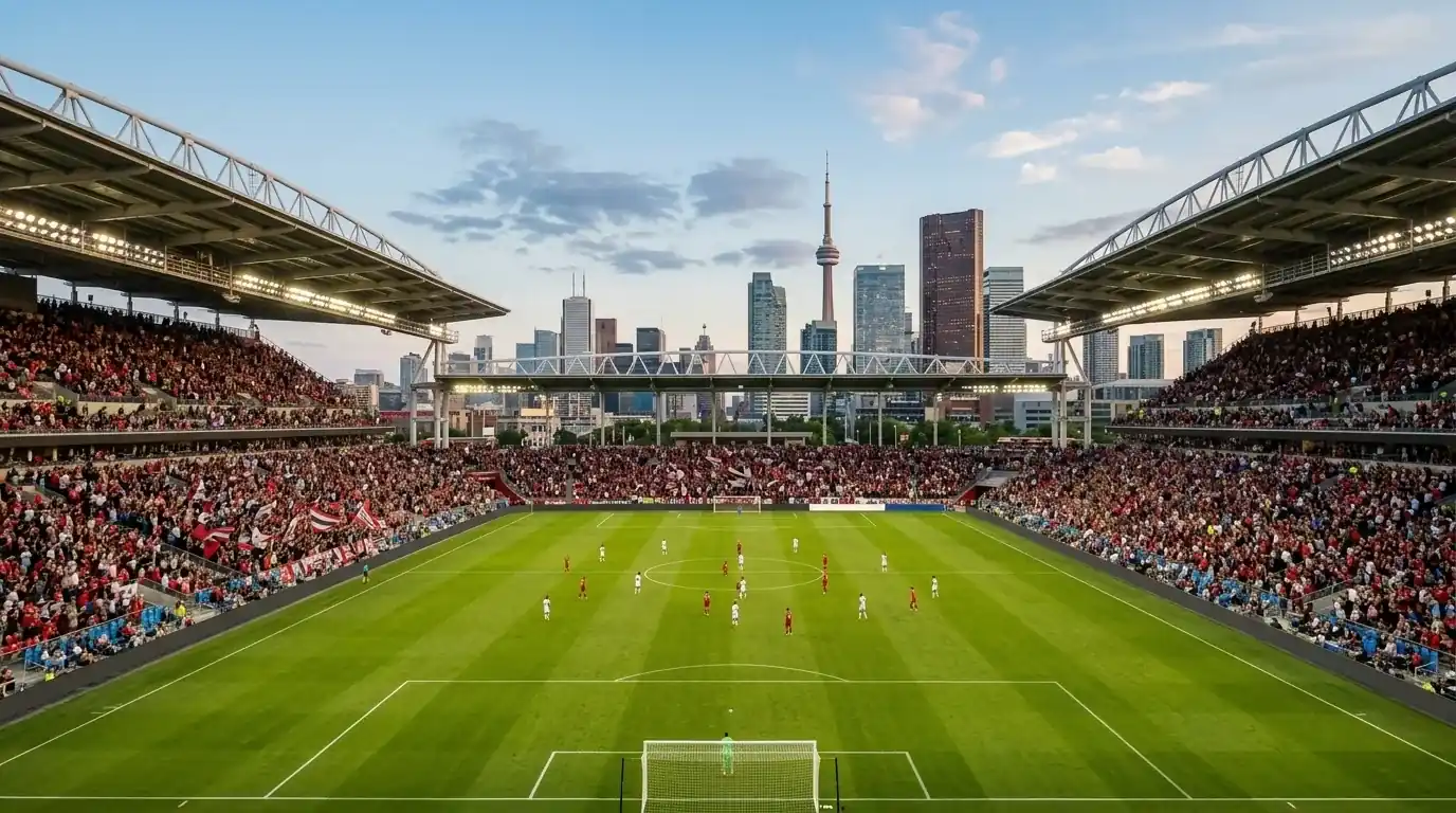 BMO Field in Toronto lit up for an evening World Cup match with the city skyline behind