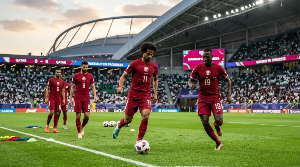 Qatar national team players in maroon home jerseys during World Cup 2026 preparation