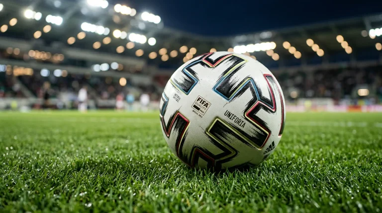 Official soccer ball on grass pitch before a World Cup 2026 match