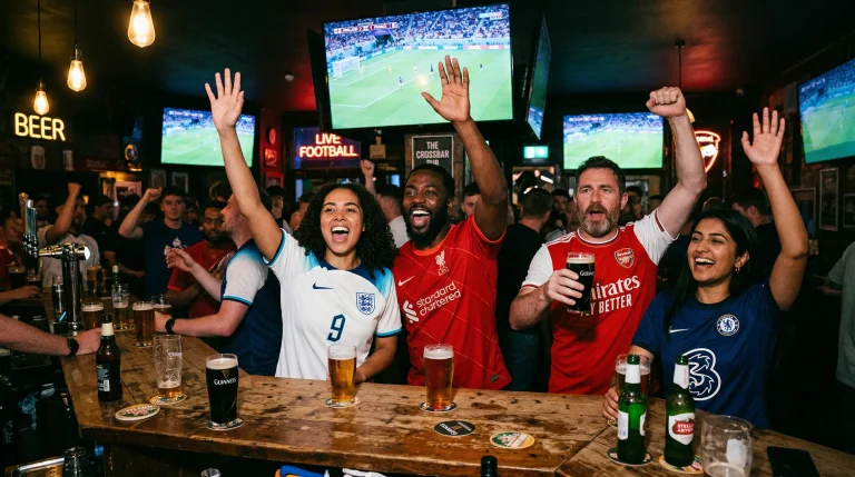 Soccer fans watching a World Cup match on screens at a Canadian sports bar