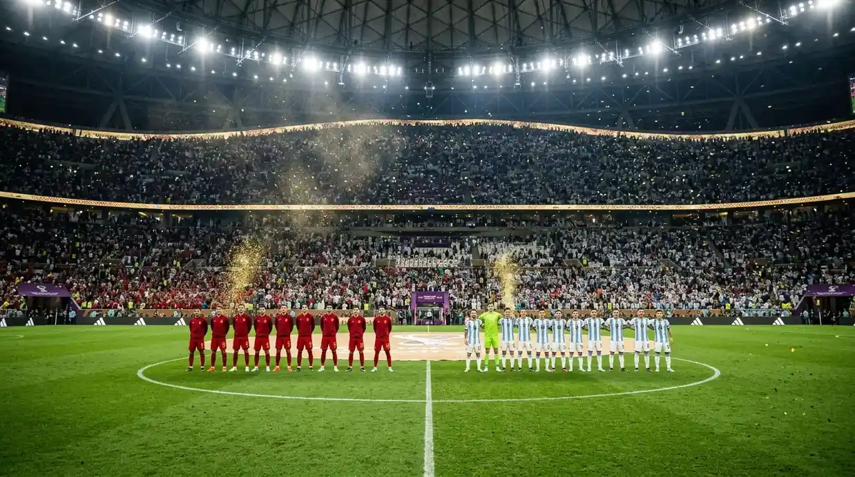 Two national teams lined up at the centre circle of a packed floodlit stadium before a final, golden confetti in the air