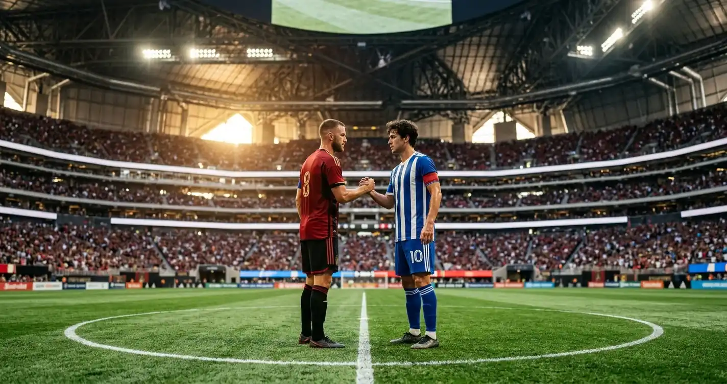 Two rival captains meet before kickoff on a floodlit stadium pitch under a fixed roof