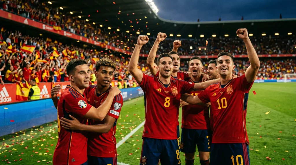 Spain national team players in red home jerseys celebrating during World Cup 2026 preparation