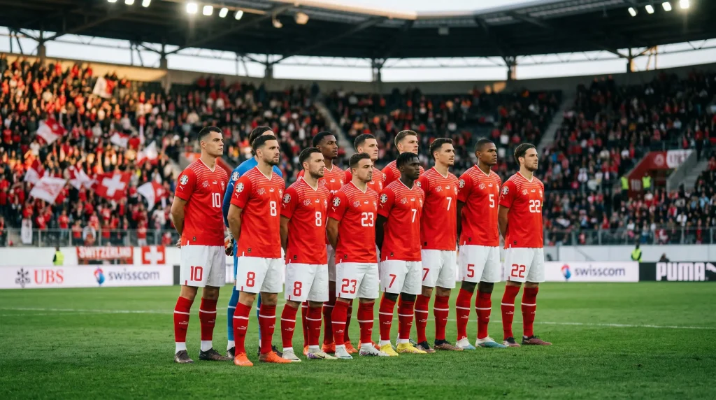 Switzerland national team players in red home jerseys during World Cup 2026 preparation
