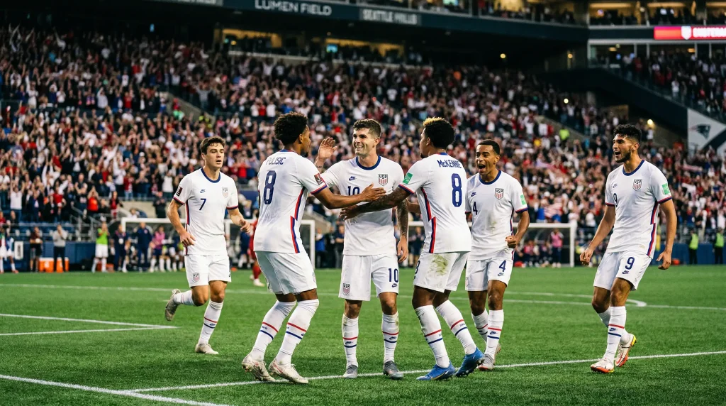 United States men's national team players in their home jerseys preparing for World Cup 2026 group stage
