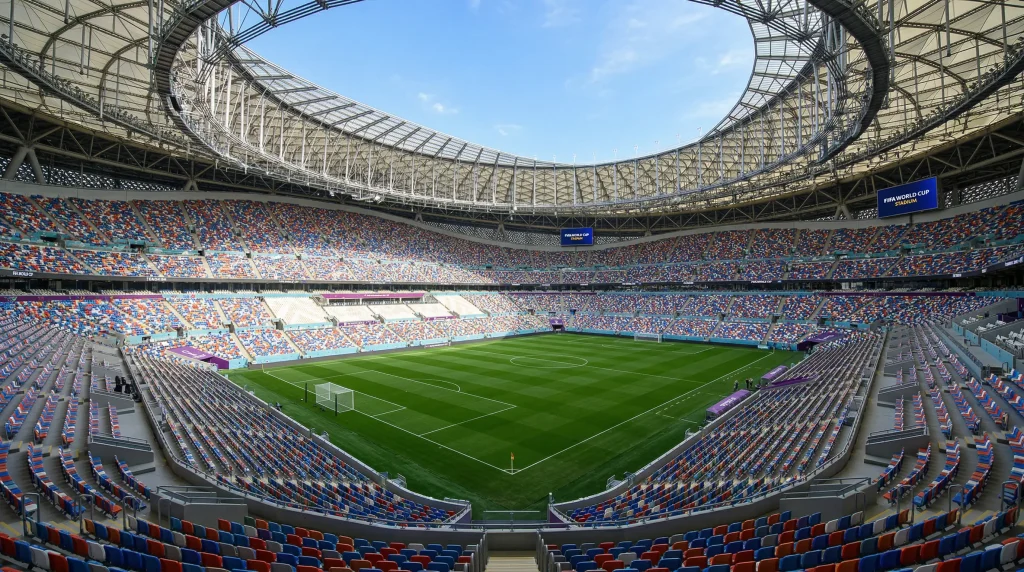 Montage of 48 national team flags arranged in World Cup 2026 tournament bracket formation