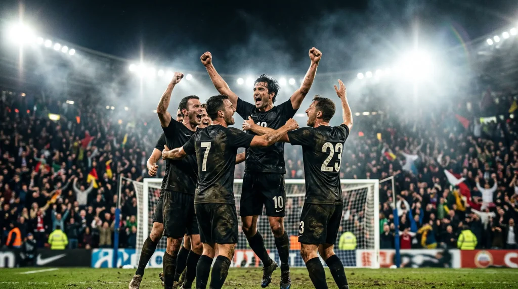 Underdog national team celebrating upset victory at World Cup 2026 group stage match