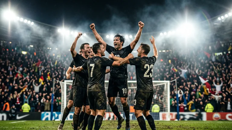 Underdog national team celebrating upset victory at World Cup 2026 group stage match