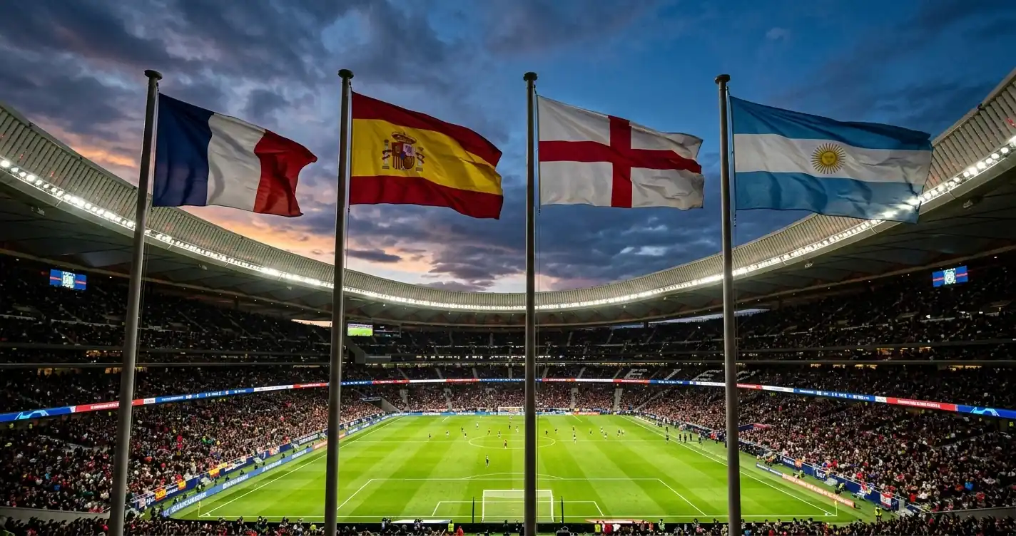 Four national flags flying together above a floodlit stadium at dusk