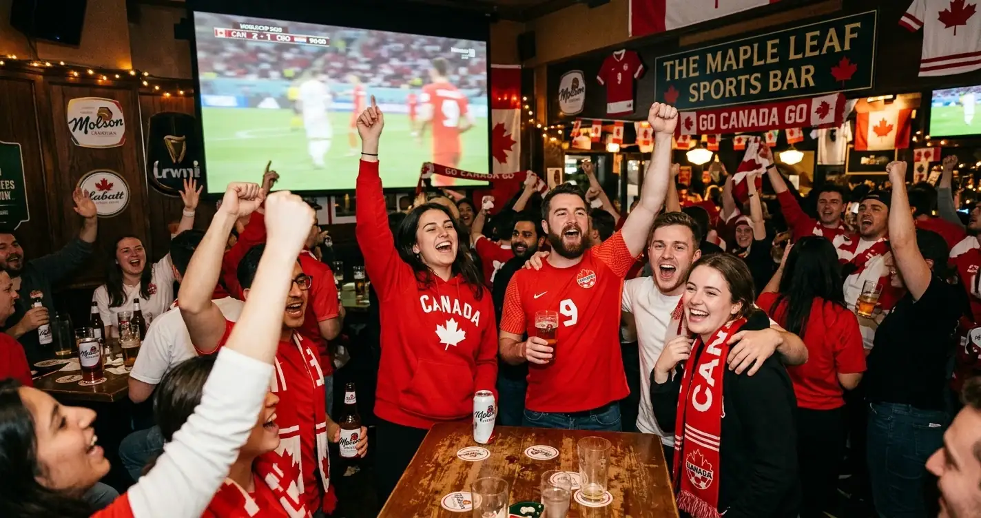 Fans in a Canadian sports bar celebrating a late goal on a big screen