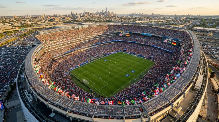 Modern soccer stadium filled with fans during a World Cup 2026 match in North America