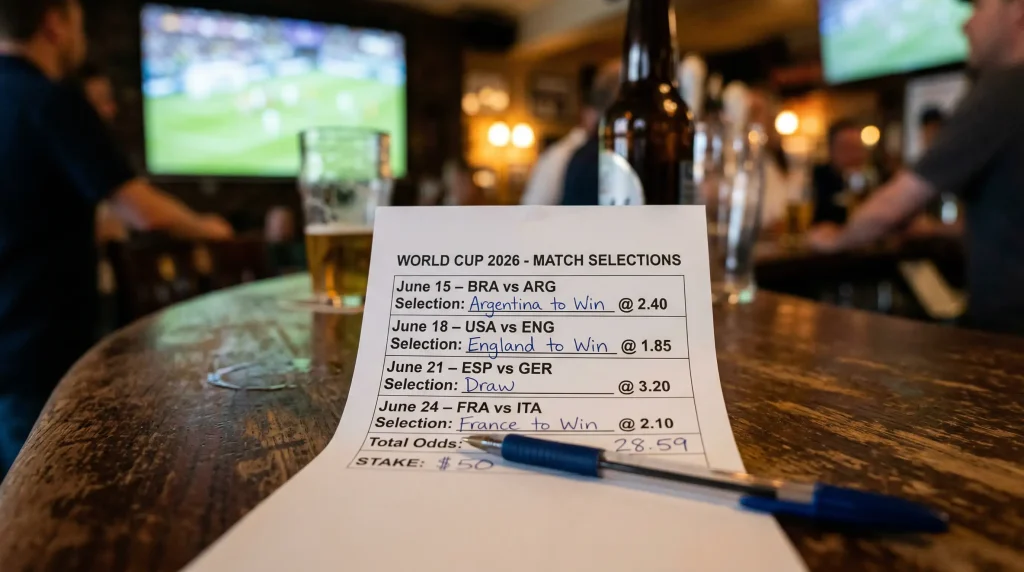 World Cup 2026 parlay betting slip with multiple selections showing group stage matches and odds