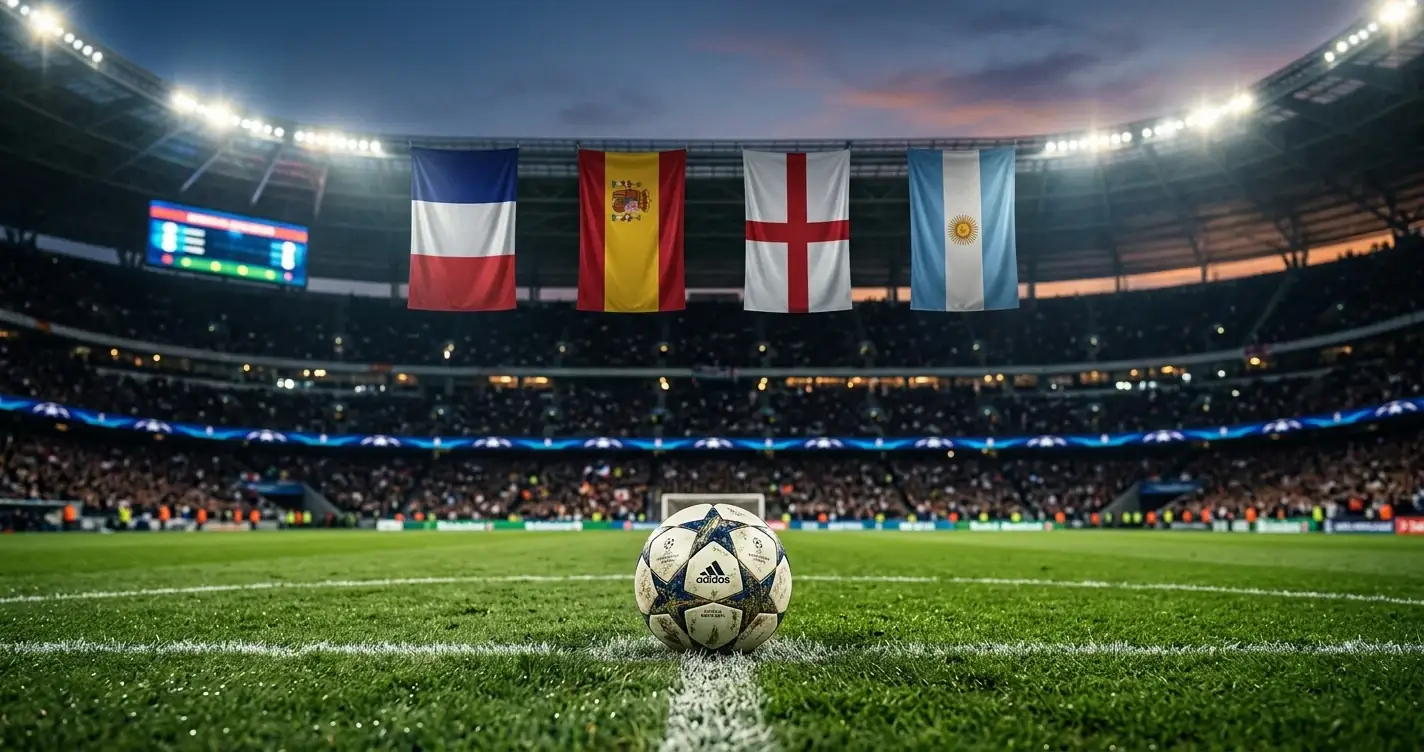 Two soccer trophies-style graphic split across a stadium backdrop with four national flags