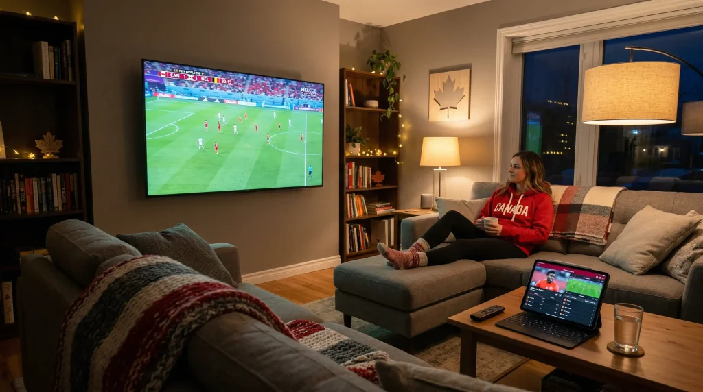 Canadian bettors reviewing World Cup 2026 odds on multiple sportsbook platforms with maple leaf and soccer imagery